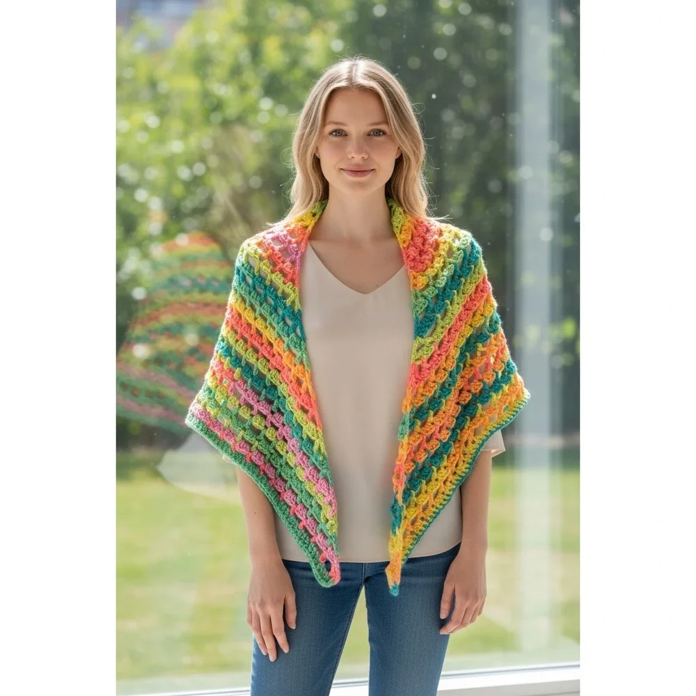 Handmade Crochet Rainbow Retro Stripes‎ Triangle Shawl Boho NEW Regaular Sz Neon